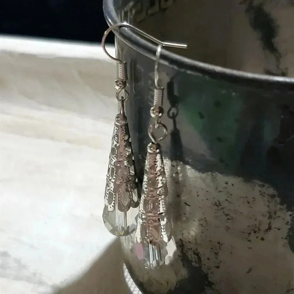 Handcrafted Caged Filigree Faceted Clear Crystal Silver Teardrop Earrings - Picture 2 of 7